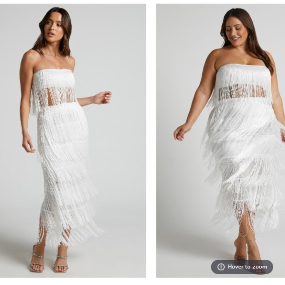 AMALEE FRINGE STRAPLESS CROP TOP AND MIDI SKIRT TWO PIECE SET IN WHITE